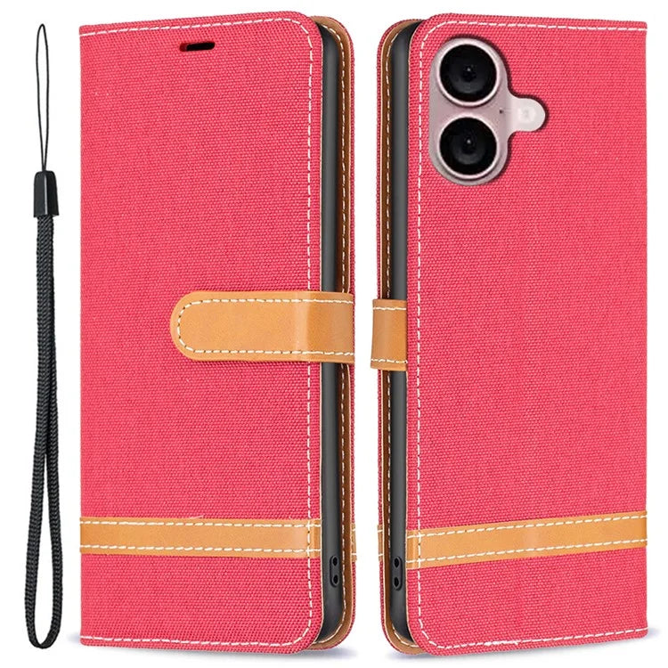 For iPhone 16 Leather Wallet Case Jeans Cloth Texture Protective Cover