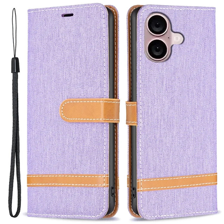 For iPhone 16 Leather Wallet Case Jeans Cloth Texture Protective Cover