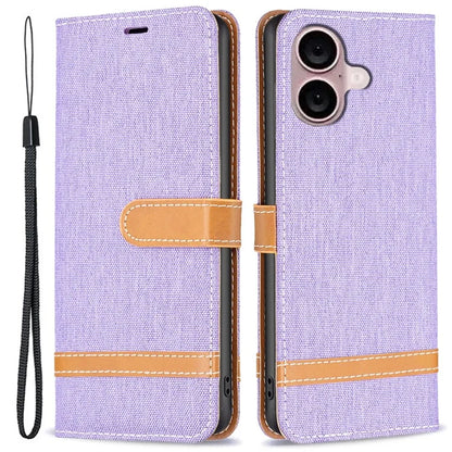 For iPhone 16 Leather Wallet Case Jeans Cloth Texture Protective Cover