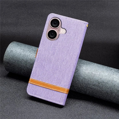 For iPhone 16 Leather Wallet Case Jeans Cloth Texture Protective Cover