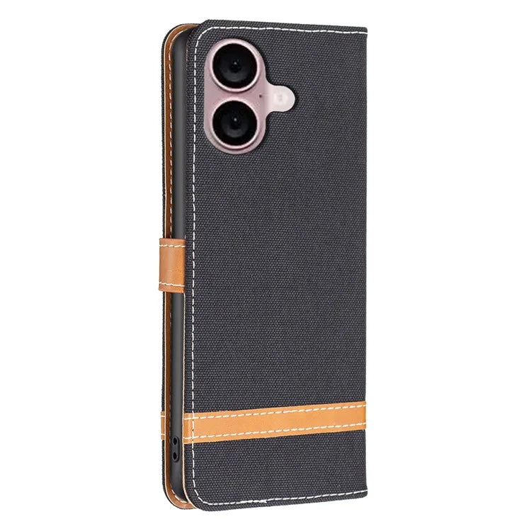 For iPhone 16 Leather Wallet Case Jeans Cloth Texture Protective Cover