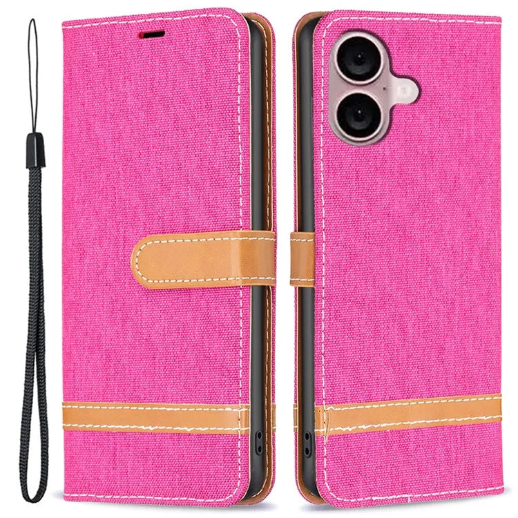 For iPhone 16 Leather Wallet Case Jeans Cloth Texture Protective Cover