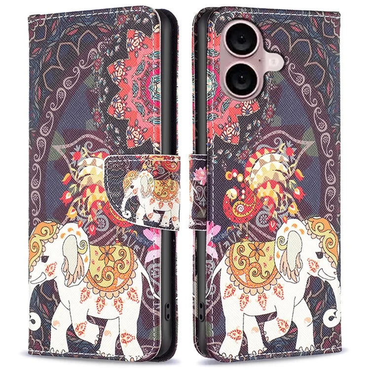 For iPhone 16 Plus Case Pattern Print Wallet Leather Stand Flip Phone Cover
