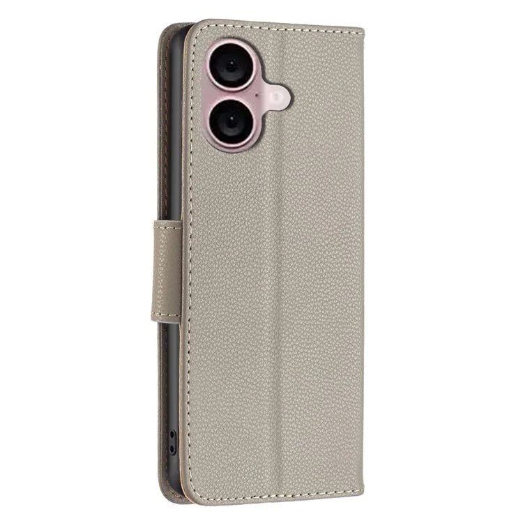 For iPhone 16 Plus Case Litchi Texture Leather Wallet Support Stand Phone Cover
