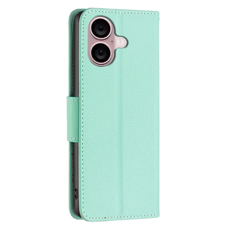 For iPhone 16 Plus Case Litchi Texture Leather Wallet Support Stand Phone Cover
