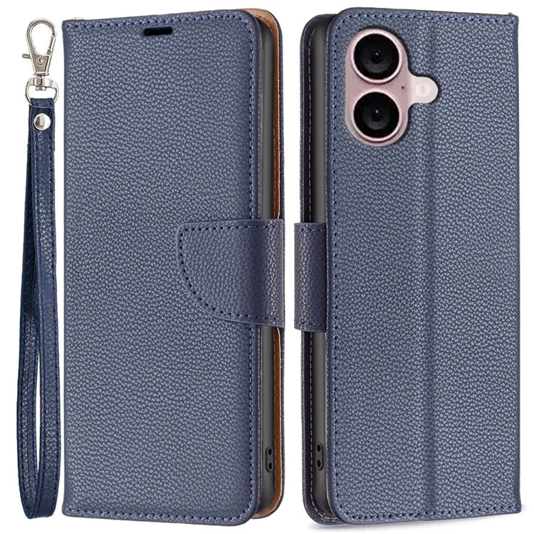 For iPhone 16 Plus Case Litchi Texture Leather Wallet Support Stand Phone Cover