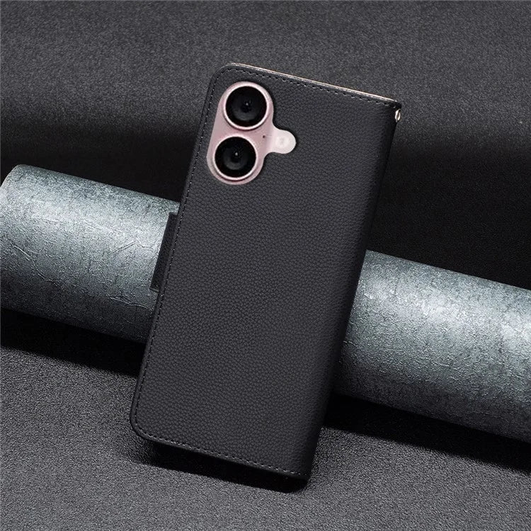 For iPhone 16 Plus Case Litchi Texture Leather Wallet Support Stand Phone Cover