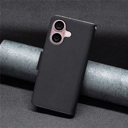 For iPhone 16 Plus Case Litchi Texture Leather Wallet Support Stand Phone Cover