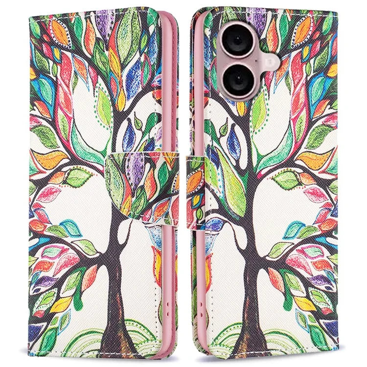 For iPhone 16 Plus Leather Case Pattern Printing Wallet Stand Anti-Fall Phone Cover