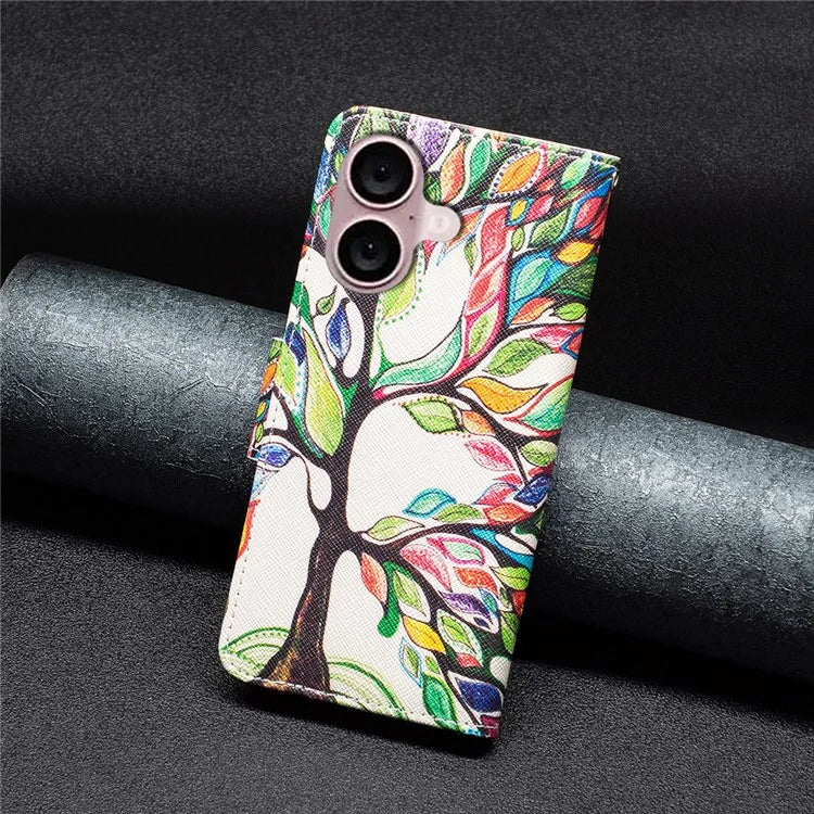 For iPhone 16 Plus Leather Case Pattern Printing Wallet Stand Anti-Fall Phone Cover