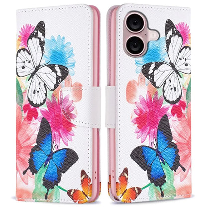For iPhone 16 Plus Leather Case Pattern Printing Wallet Stand Anti-Fall Phone Cover