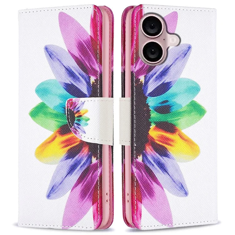 For iPhone 16 Plus Leather Case Pattern Printing Wallet Stand Anti-Fall Phone Cover