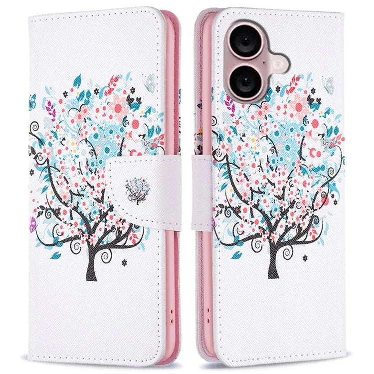 For iPhone 16 Plus Leather Case Pattern Printing Wallet Stand Anti-Fall Phone Cover