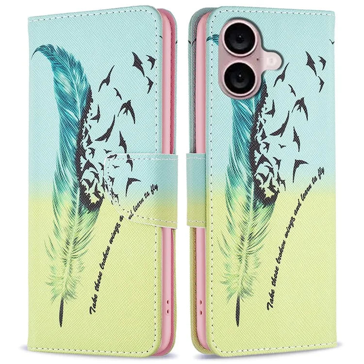 For iPhone 16 Plus Leather Case Pattern Printing Wallet Stand Anti-Fall Phone Cover