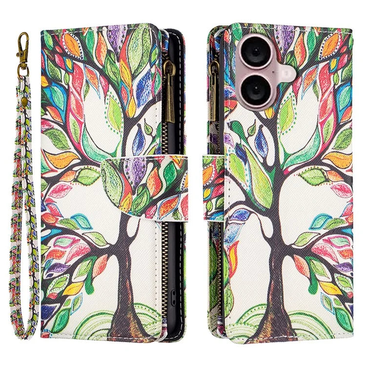 BF03 For iPhone 16 Plus Case Pattern Printing Zipper Leather Phone Stand Cover