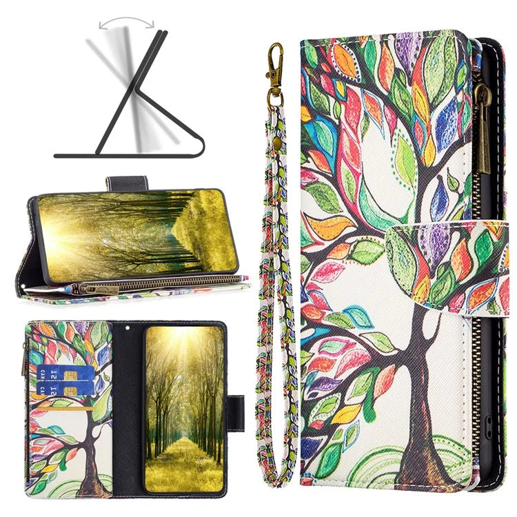 BF03 For iPhone 16 Plus Case Pattern Printing Zipper Leather Phone Stand Cover