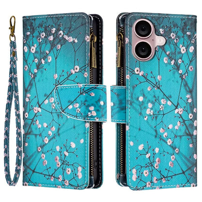 BF03 For iPhone 16 Plus Case Pattern Printing Zipper Leather Phone Stand Cover