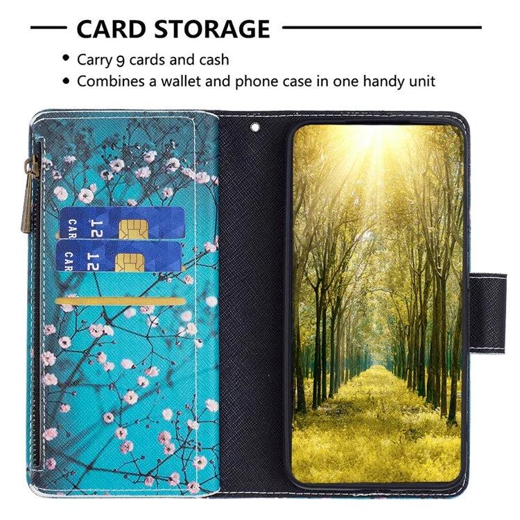 BF03 For iPhone 16 Plus Case Pattern Printing Zipper Leather Phone Stand Cover