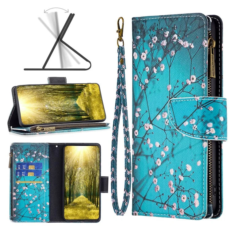 BF03 For iPhone 16 Plus Case Pattern Printing Zipper Leather Phone Stand Cover