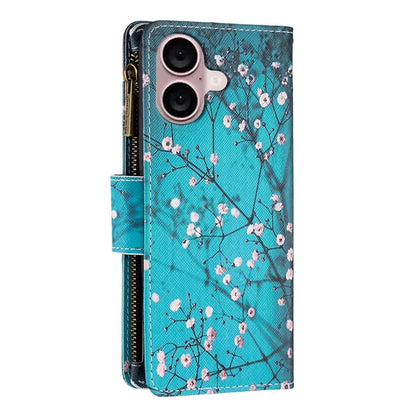 BF03 For iPhone 16 Plus Case Pattern Printing Zipper Leather Phone Stand Cover