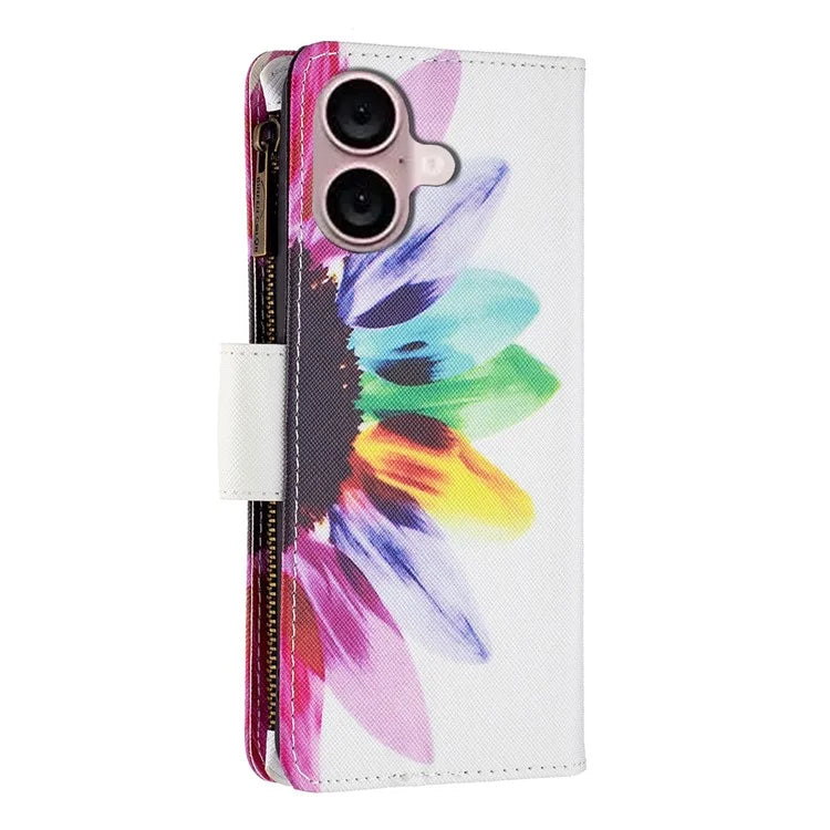 BF03 For iPhone 16 Plus Case Pattern Printing Zipper Leather Phone Stand Cover