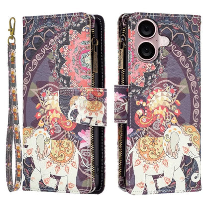 BF03 For iPhone 16 Plus Case Pattern Printing Zipper Leather Phone Stand Cover