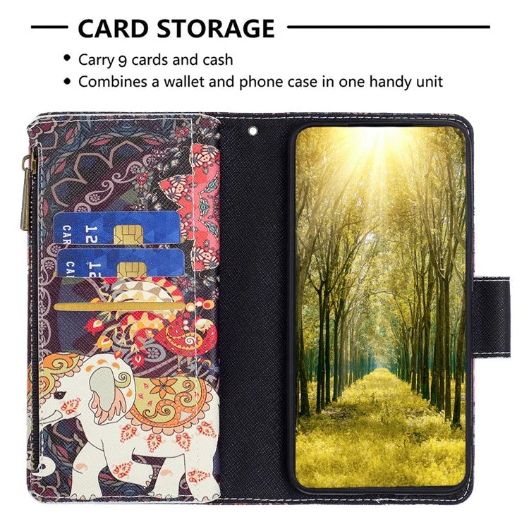 BF03 For iPhone 16 Plus Case Pattern Printing Zipper Leather Phone Stand Cover