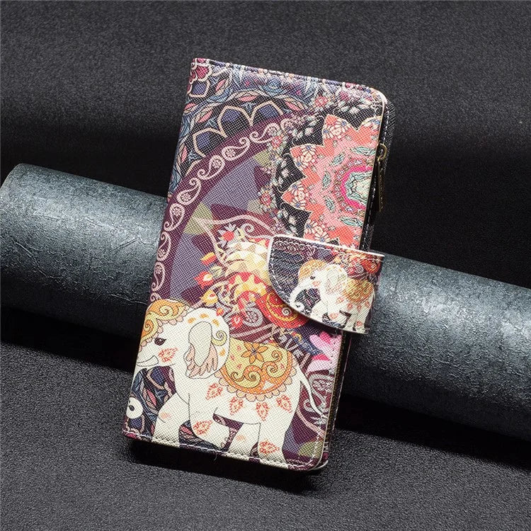 BF03 For iPhone 16 Plus Case Pattern Printing Zipper Leather Phone Stand Cover
