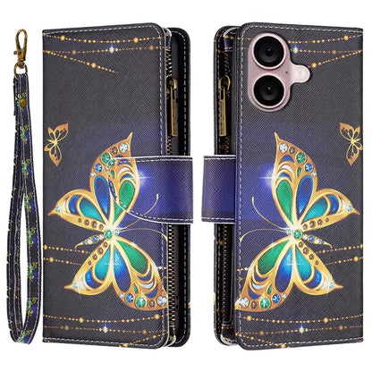 BF03 For iPhone 16 Plus Case Pattern Printing Zipper Leather Phone Stand Cover
