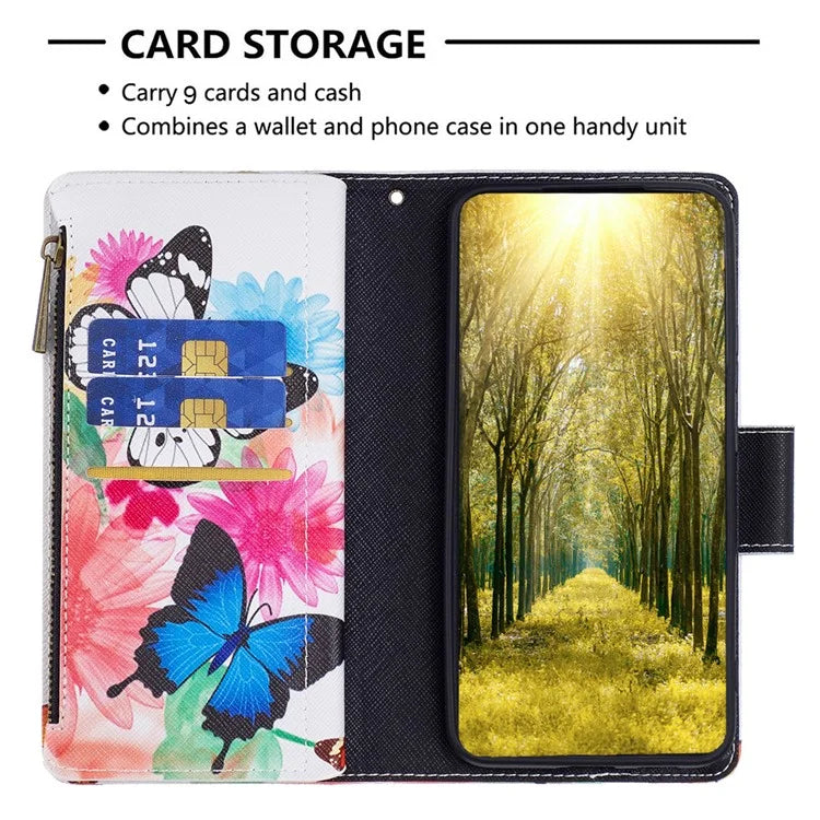 BF03 For iPhone 16 Plus Case Pattern Printing Zipper Leather Phone Stand Cover