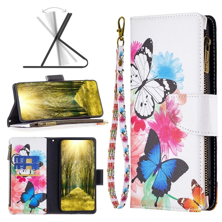 BF03 For iPhone 16 Plus Case Pattern Printing Zipper Leather Phone Stand Cover