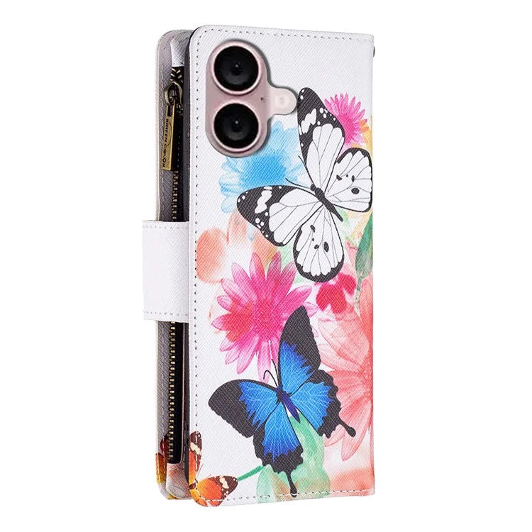 BF03 For iPhone 16 Plus Case Pattern Printing Zipper Leather Phone Stand Cover