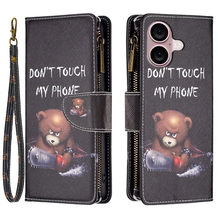 BF03 For iPhone 16 Plus Case Pattern Printing Zipper Leather Phone Stand Cover