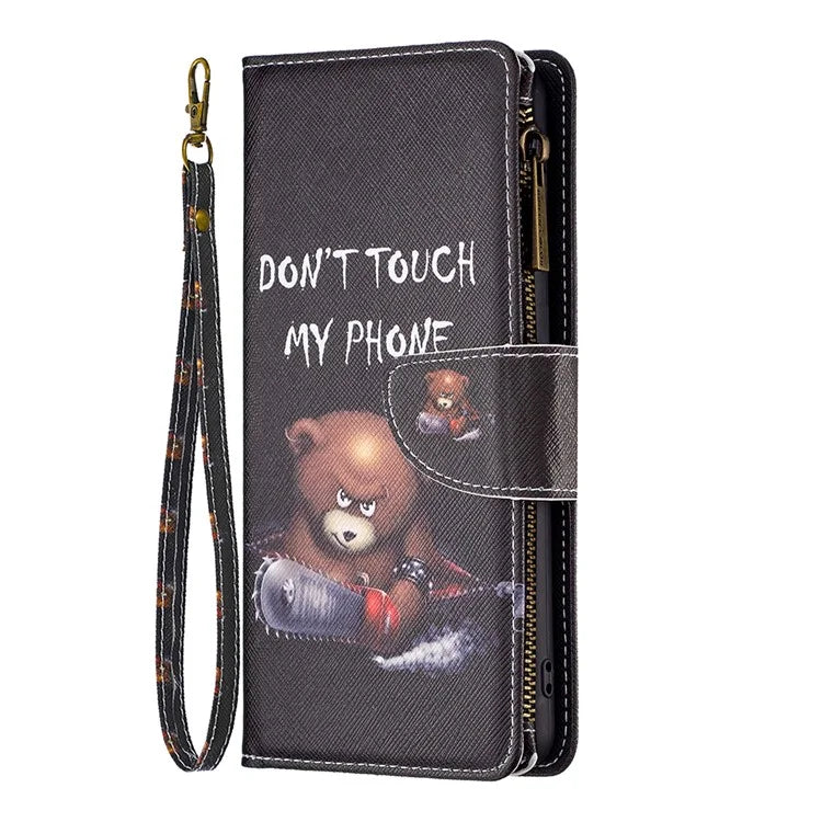 BF03 For iPhone 16 Plus Case Pattern Printing Zipper Leather Phone Stand Cover
