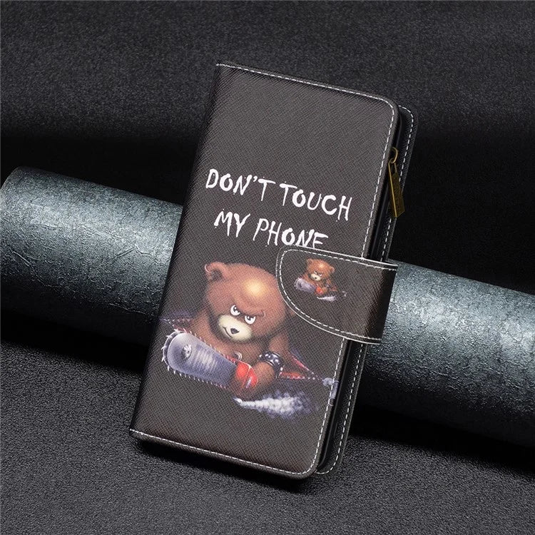 BF03 For iPhone 16 Plus Case Pattern Printing Zipper Leather Phone Stand Cover