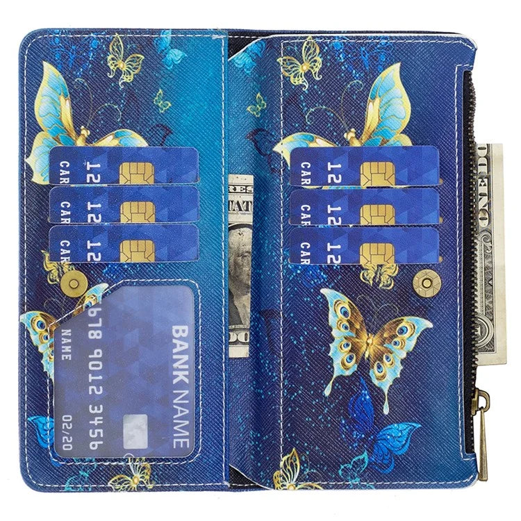 BF03 For iPhone 16 Plus Case Pattern Printing Zipper Leather Phone Stand Cover