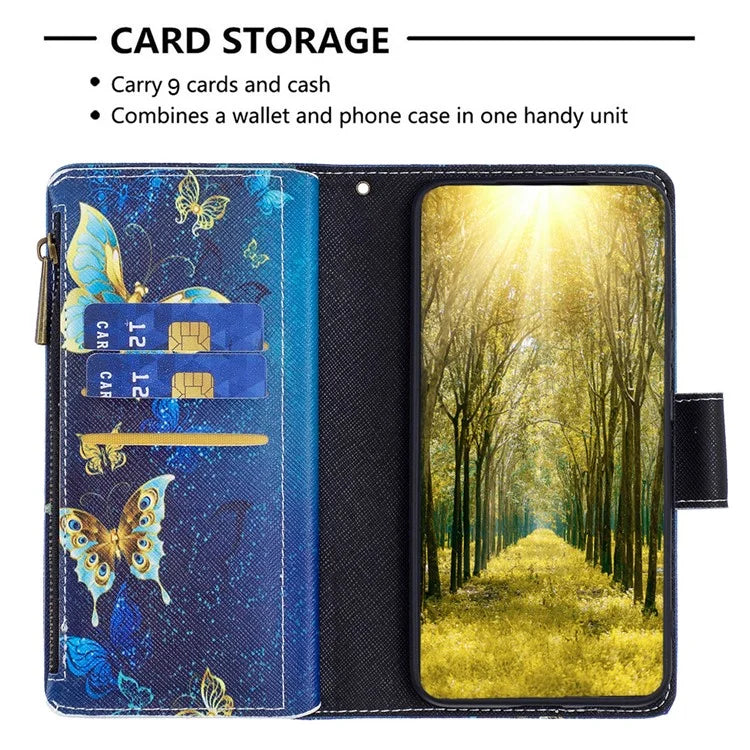 BF03 For iPhone 16 Plus Case Pattern Printing Zipper Leather Phone Stand Cover