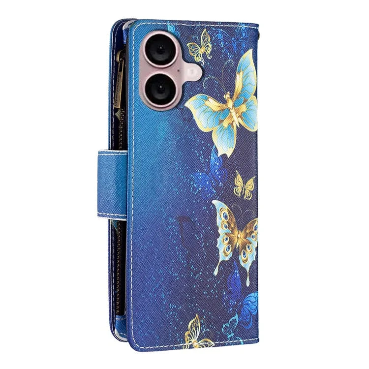BF03 For iPhone 16 Plus Case Pattern Printing Zipper Leather Phone Stand Cover