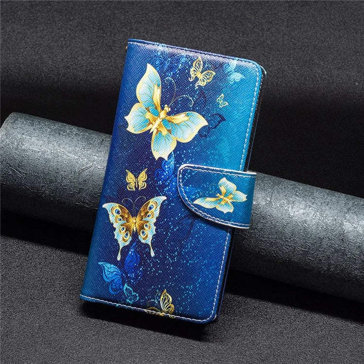 BF03 For iPhone 16 Plus Case Pattern Printing Zipper Leather Phone Stand Cover