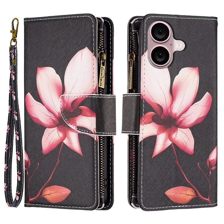BF03 For iPhone 16 Plus Case Pattern Printing Zipper Leather Phone Stand Cover