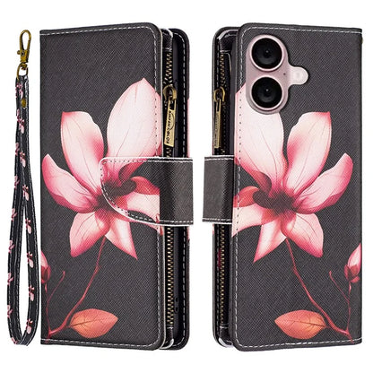 BF03 For iPhone 16 Plus Case Pattern Printing Zipper Leather Phone Stand Cover