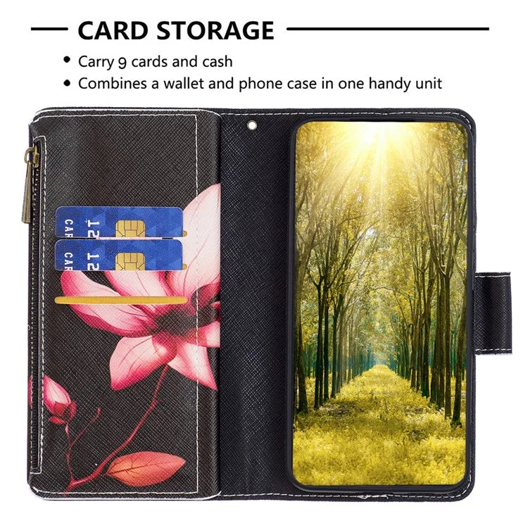BF03 For iPhone 16 Plus Case Pattern Printing Zipper Leather Phone Stand Cover