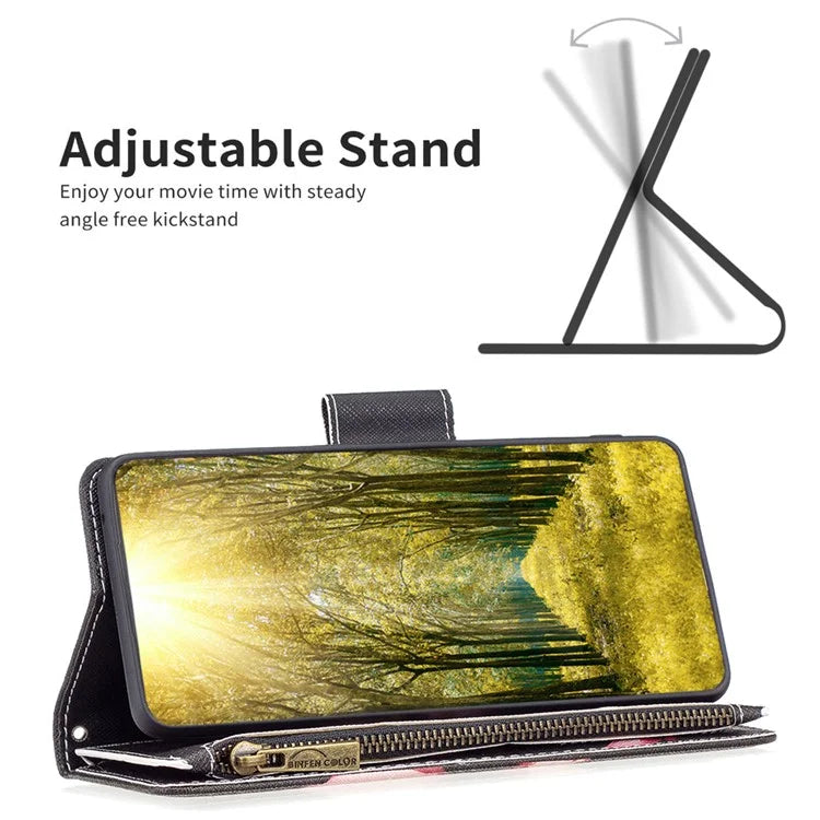 BF03 For iPhone 16 Plus Case Pattern Printing Zipper Leather Phone Stand Cover