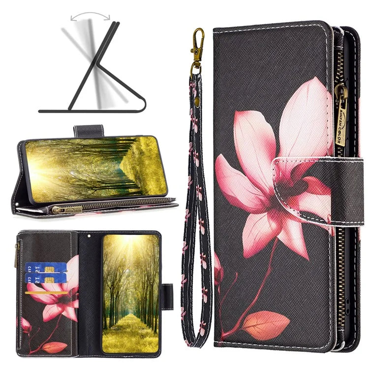 BF03 For iPhone 16 Plus Case Pattern Printing Zipper Leather Phone Stand Cover