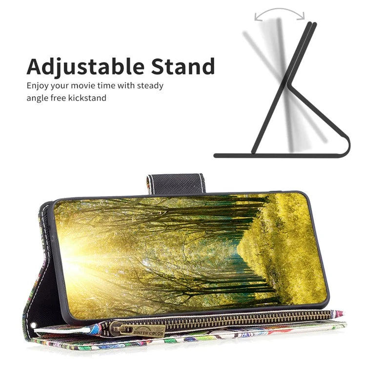 BF03 For iPhone 16 Case Pattern Printing Zipper Leather Phone Stand Cover