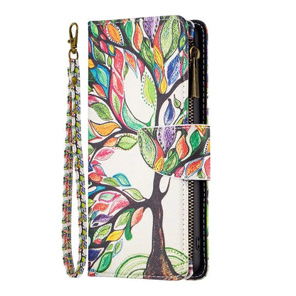 BF03 For iPhone 16 Case Pattern Printing Zipper Leather Phone Stand Cover