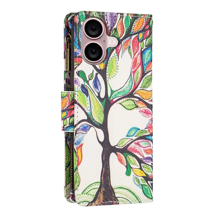 BF03 For iPhone 16 Case Pattern Printing Zipper Leather Phone Stand Cover