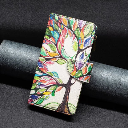 BF03 For iPhone 16 Case Pattern Printing Zipper Leather Phone Stand Cover