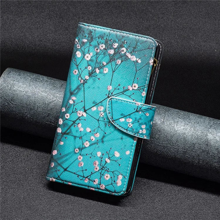 BF03 For iPhone 16 Case Pattern Printing Zipper Leather Phone Stand Cover
