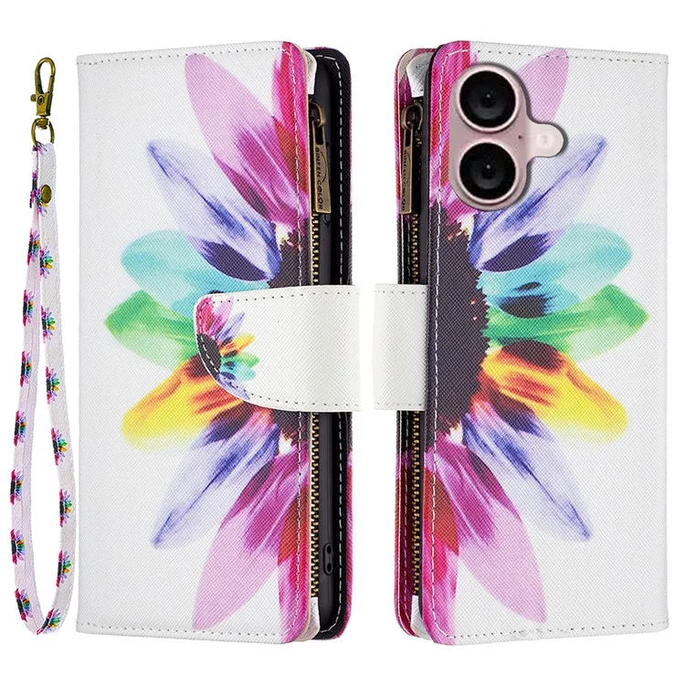 BF03 For iPhone 16 Case Pattern Printing Zipper Leather Phone Stand Cover